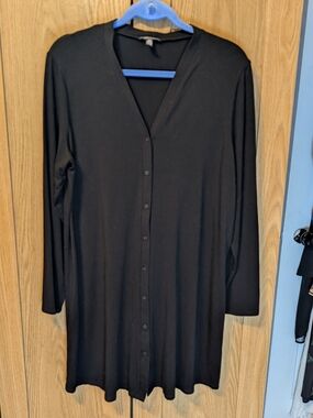 Eileen Fisher Black Long-Sleeve Button-Front V-Neck Tunic/Dress
